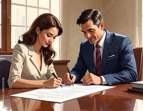 Two professionals signing documents at a polished wooden desk