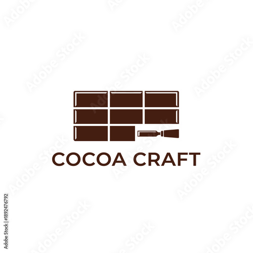 Professional chocolate bar icon integrated with a wood chisel tool for artisan confectionery branding, titled COCOA CRAFT logo design