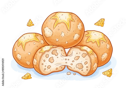 Stack of cheese bread buns together.