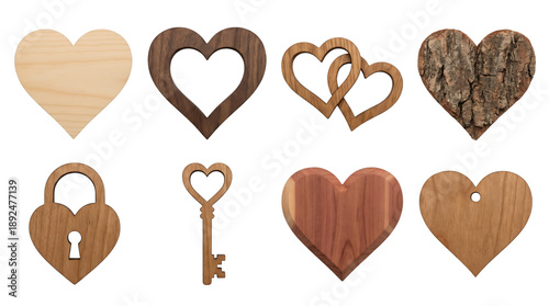 Wooden heart set including lock, key, interlocked, bark, and solid timber variants isolated. Decorative carving and carpentry elements collection.