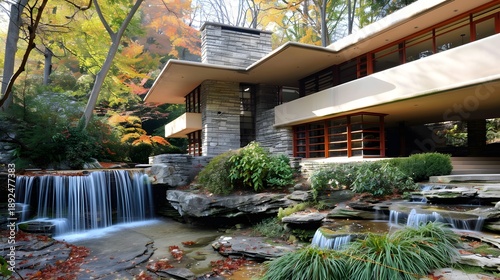 Fallingwater iconic modern house with waterfall and autumn forest for architecture design promotion.