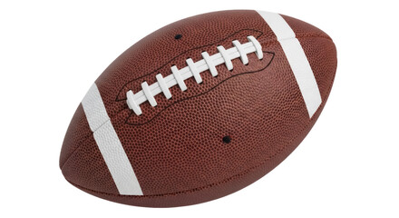American football isolated PNG, brown leather ball with white stripes and laces, sport equipment for training and competition on transparent background
