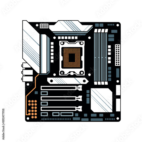 A detailed illustration of a computer motherboard showcasing its various components and circuitry
