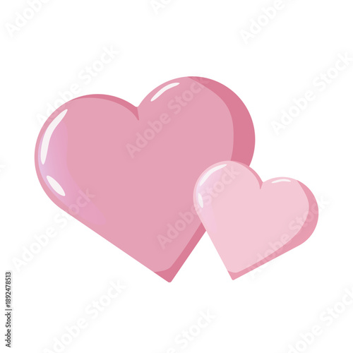 Glossy overlapping pink hearts with highlights on white background, symbolizing love and affection on white background