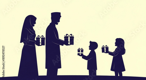 Family in silhouette exchanging gifts on a pale background with a sense of togetherness and celebration
