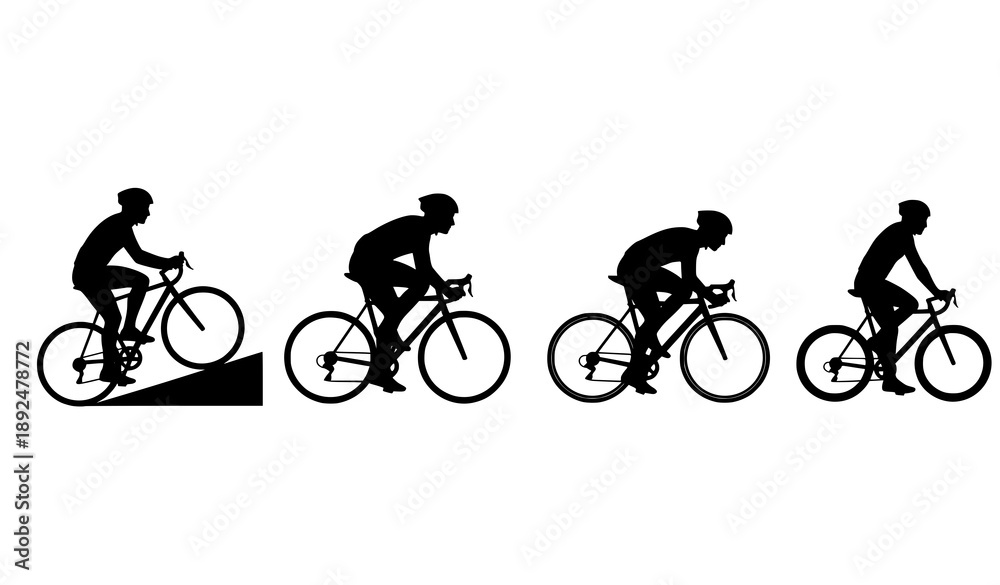 Naklejka premium Minimal Cycling Silhouette Icon Set with Different Bicycle Riding Poses Vector