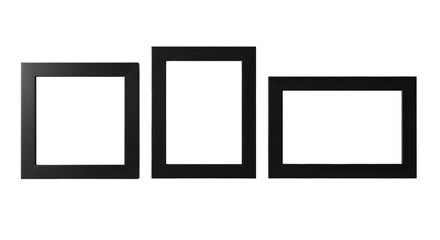 Three black wooden picture frames PNG isolated on transparent background, modern home decor for displaying photos and art prints