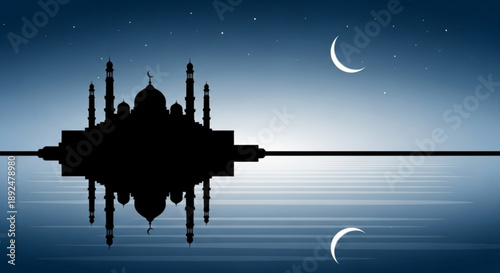 Silhouette of a mosque by serene water at dusk with crescent moons and stars in the night sky reflecting peaceful evening moments