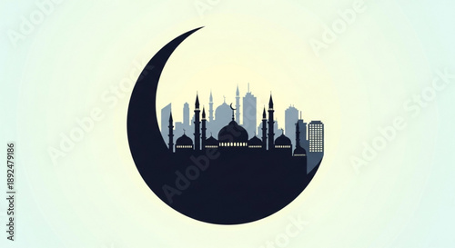 Crescent moon silhouette cityscape with mosque and skyscrapers at dusk ramadan or islamic holiday concept with urban landscape