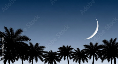 Crescent moon shines brightly in a clear blue night sky above a row of silhouetted palm trees at dusk or dawn