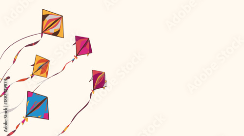 Vector template of shiny kites with vibrant colors and reflective surfaces flying at various heights and angles on occasion against a clean isolated