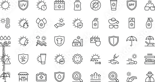 Sun & Protection icon set. Contains icons sunscreen, ultraviolet, sunglasses, SPF protection, umbrella, sunburn, sun hat and more. editable stroke. vector