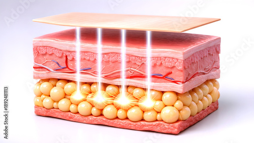 Advanced Non Invasive Skin Tightening and Fat Reduction Illustration Showing Energy Beams Penetrating Epidermis Dermis and Subcutaneous Fat to Stimulate Collagen Breakdown Adipose Reduction and Skin R