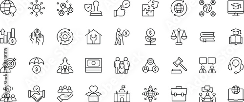 Social Policy icon set.Containing welfare, government, society, service, education, reform, health care, legislation, medicine, law and more. editable stroke. vector