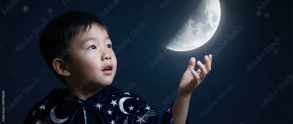 Naklejka premium Young Asian boy in wizard costume reaching for glowing moon, dreaming of space and fantasy Childs imagination, wonder, and exploration of the night sky Concept of childhood dreams and magic
