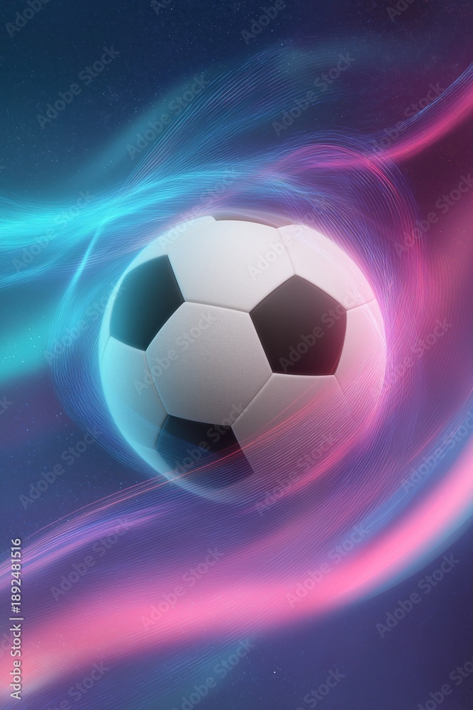 Naklejka premium Soccer ball surrounded by vibrant neon light trails, showing dynamic movement and energy against a dark, abstract background