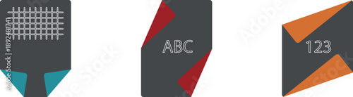 Folded colored school paper with the alphabet and numbers. Squared paper. Office paper with valuable documents, sheets of paper with text, assets and finances, an accounting report, vector web icons