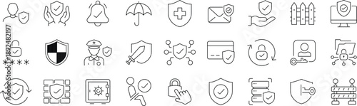 Protection Web Icon Set in Line Style. Collection of Security Linear Icons, Including defense, safe, safety and security, alarm, encryption, cybersecurity, locked, shield, guard, lock.