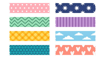 Washi tape set including polka dots, chevron, stripes, clouds, and hearts patterns isolated. Decorative adhesive masking strips for scrapbooking and stationery.