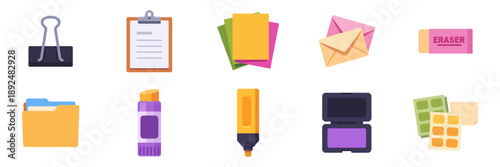 Set of office stationery with binder clip, clipboard, envelopes, file folder and highlighter, colorful collection with vector flat illustrations