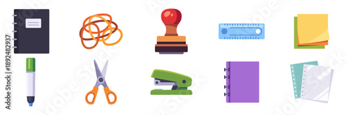 Set of office supplies with ring binder, notebook, stapler, scissors, ruler and marker, colorful collection with vector flat illustrations