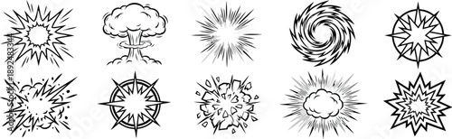 Comic Explosions: A dynamic collection of black and white explosions, capturing the energy and impact of various comic book effects. 