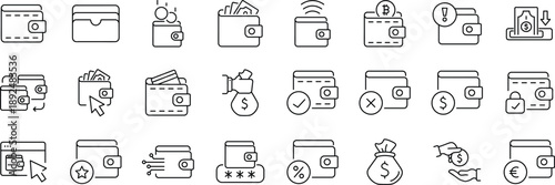 Wallet set of web icons in line style. A collection of linear icons representing wallet concepts, including cash, credit cards, digital wallet, money, security, payment, mobile wallet.
