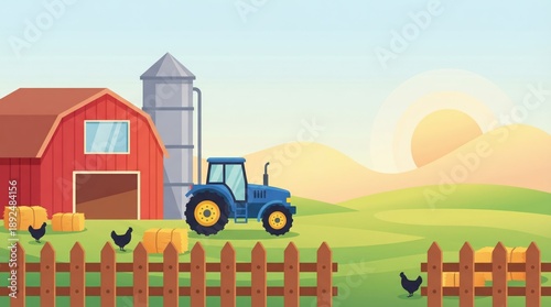 Colorful farmyard landscape illustration with red barn, tractor and silo at sunrise in a bright flat vector style