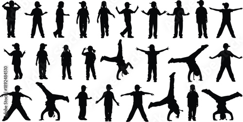 Youth hip hop dancer silhouettes in dynamic breakdancing action poses.
