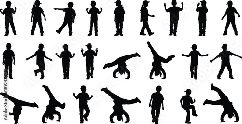 Set of children breakdancing poses featuring energetic b-boy and b-girl silhouettes.