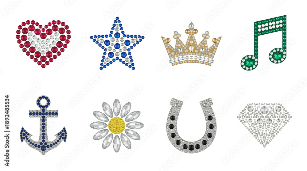 Fototapeta premium Rhinestone symbol set including heart, star, crown, note, anchor, flower, horseshoe, and diamond isolated. Sparkling crystal decoration and fashion embellishment.