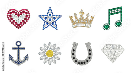 Rhinestone symbol set including heart, star, crown, note, anchor, flower, horseshoe, and diamond isolated. Sparkling crystal decoration and fashion embellishment.