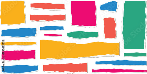 Colorful ripped paper banner vector collection with torn edge frames, collage craft shapes and scrapbook layout background textures.eps