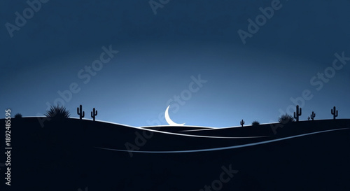 Crescent moon rising over desert hills with cacti silhouettes at dusk