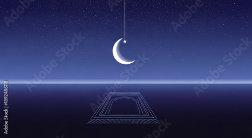 Crescent moon hanging from a thread above a glowing blue portal at dusk with stars in the night sky