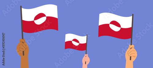 Cartoon vector illustration of hands from different ethnicities holding the Greenland flag. Concept of unity, diversity, cooperation, inclusion, human rights and international solidarity