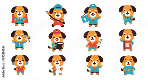 Cute Dog Character Professions Cartoon Set