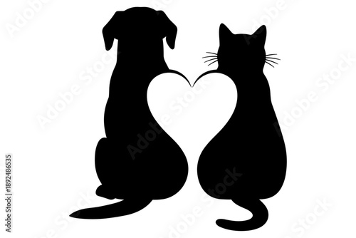 Silhouette of a dog and cat back to back forming a heart shape between them, representing animal love and companionship