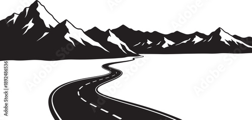 Winding road through snowy mountain range landscape illustration