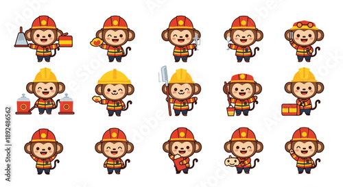 Cute Monkey Firefighter Cartoon Character Set