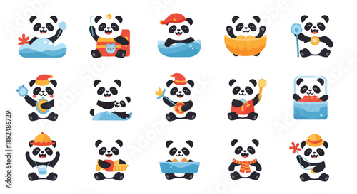 Set of Panda Character Stickers in Various Poses