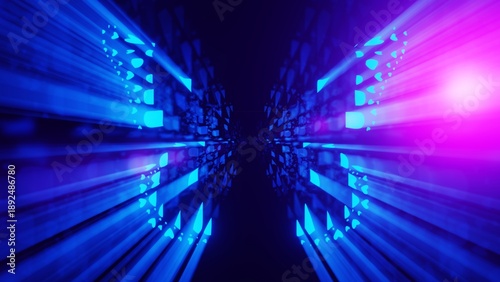 Abstract futuristic glowing blue digital butterfly silhouette made of light particles with pink speed rays representing technology transformation and freedom