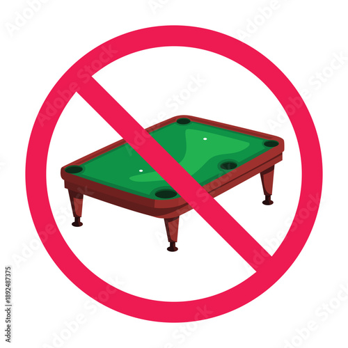 No billiards sign, forbidden sign with billiard table icon, do not play billiards symbol, no pool game allowed icon, vector illustration