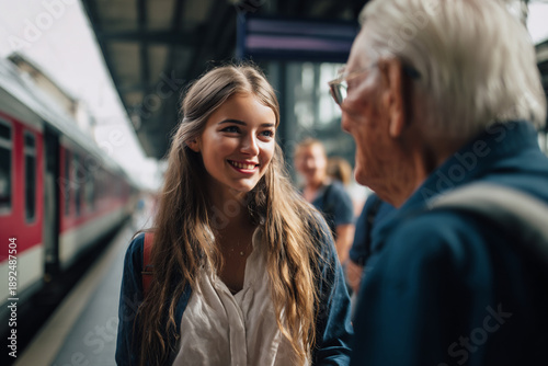 intergenerational connection on a train platform, warm encounter between young woman and elderly man, candid conversation during a train journey