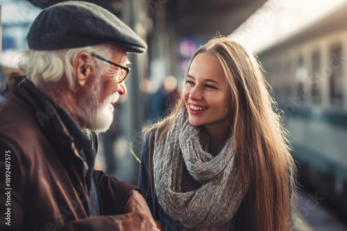 intergenerational connection on a train platform, warm encounter between young woman and elderly man, candid conversation during a train journey