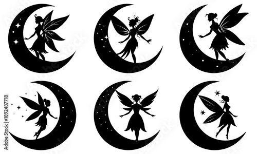 Silhouettes of fairies dancing on crescent moons with stars in the night sky