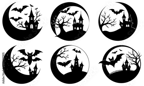 Collection of spooky moonlit castle silhouettes with bats and trees in circular frames