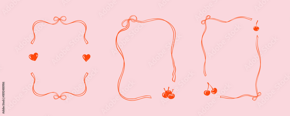 Fototapeta premium Whimsical coquettish frames with cute sweet cherries, hearts and coquette pink bows. Italian, Parisian, French style hand drawn doodle wavy border. Valentines Day, wedding, bachelorette design element