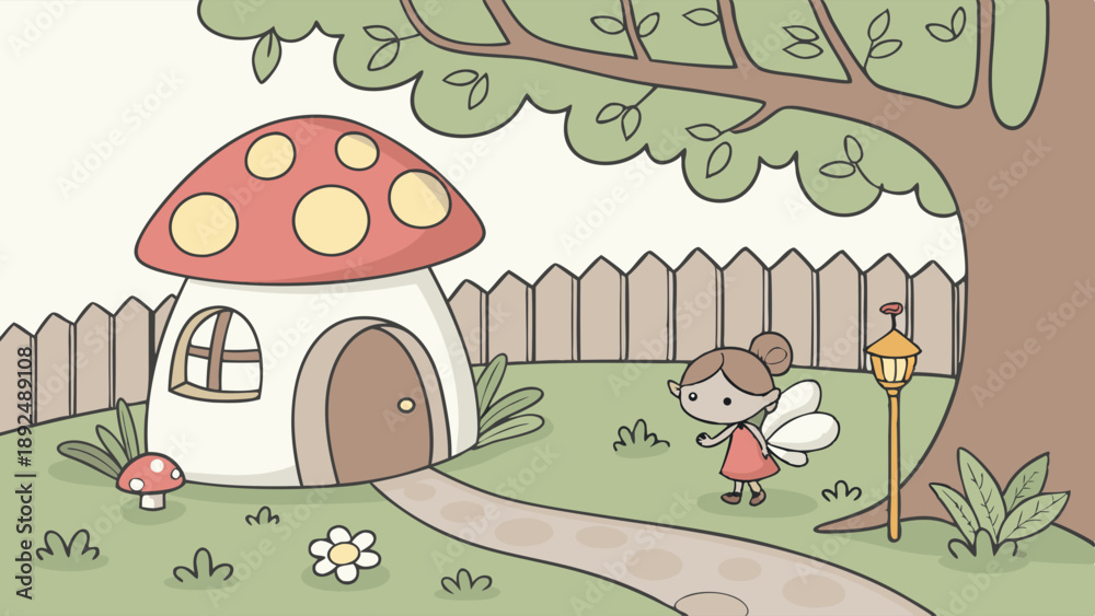 Fototapeta premium Happy Little Fairy Character Standing on a Path Outside Her Cute Toadstool House in a Magical Woodland Garden Childrens Illustration