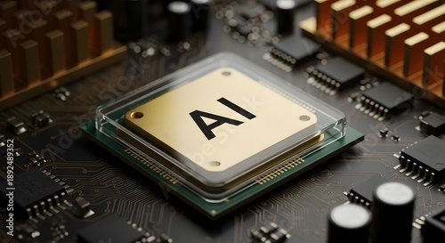 Close-up of A I microchip on circuit board with gold and black components computer hardware